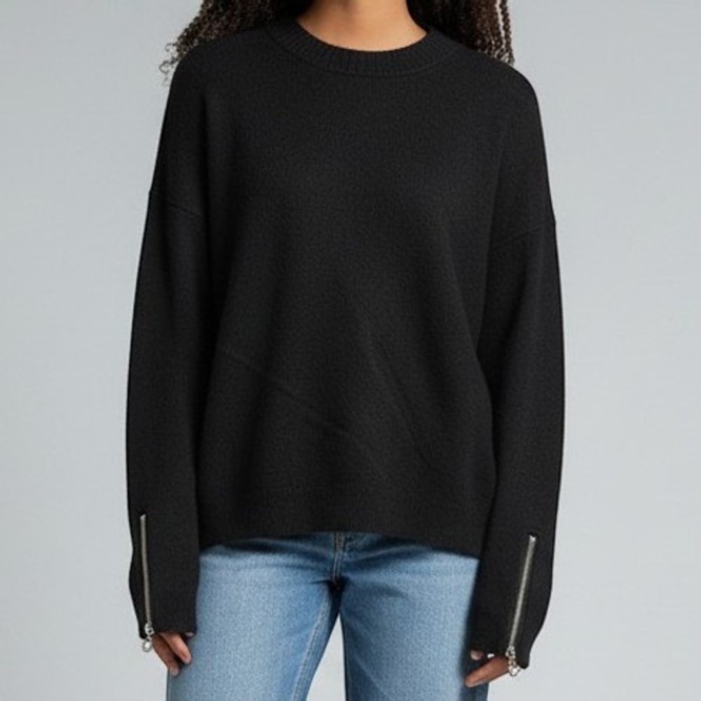 Tahari Sweater Womens Small Black Zipper Cuff Crew Neck Long Sleeve Knit Top
